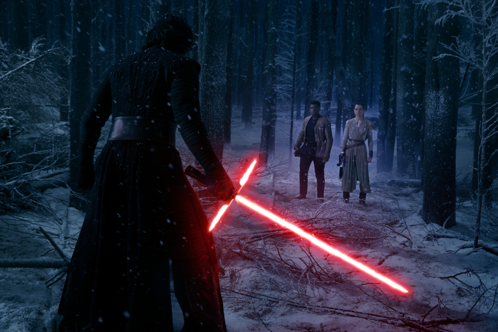 Star Wars: The Force Awakens..L to R: Kylo Ren (Adam Driver), Finn (John Boyega), and Rey (Daisy Ridley)..Ph: David James..? 2015 Lucasfilm Ltd. & TM. All Right Reserved.